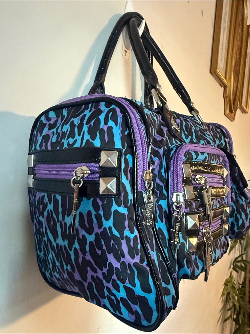 Betsey Johnson Purple & Teal Animal Print Duffel Satchel Handbag - Picture 4 of 15